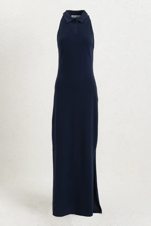 Bayan Lacivert Polo Yakalı Maksi Pike Elbise - BSL