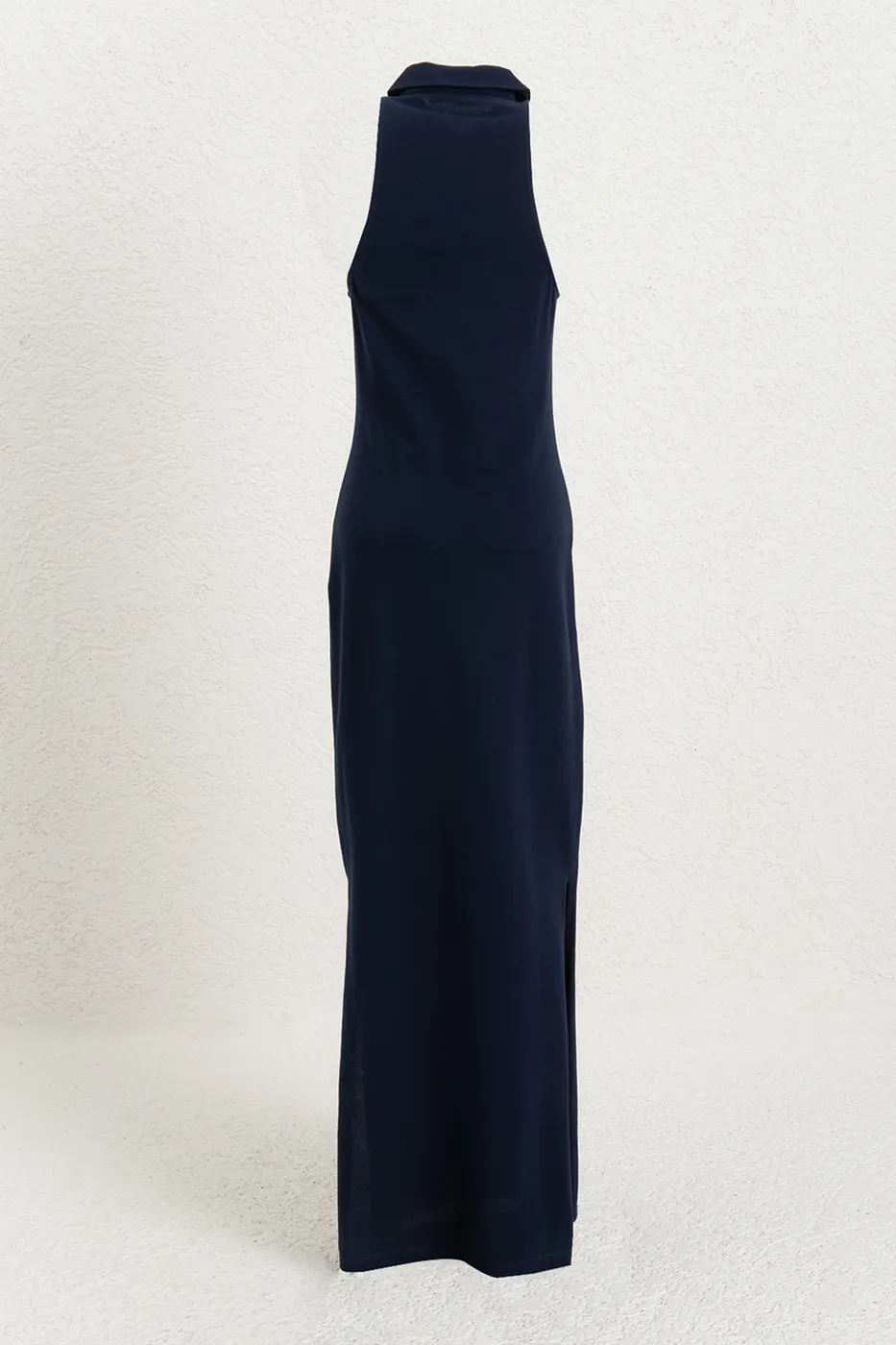 Bayan Lacivert Polo Yakalı Maksi Pike Elbise