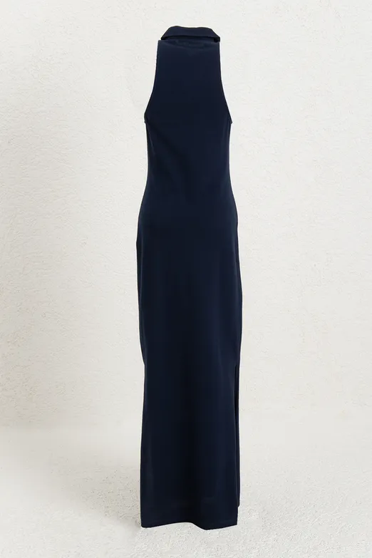 Bayan Lacivert Polo Yakalı Maksi Pike Elbise - BSL