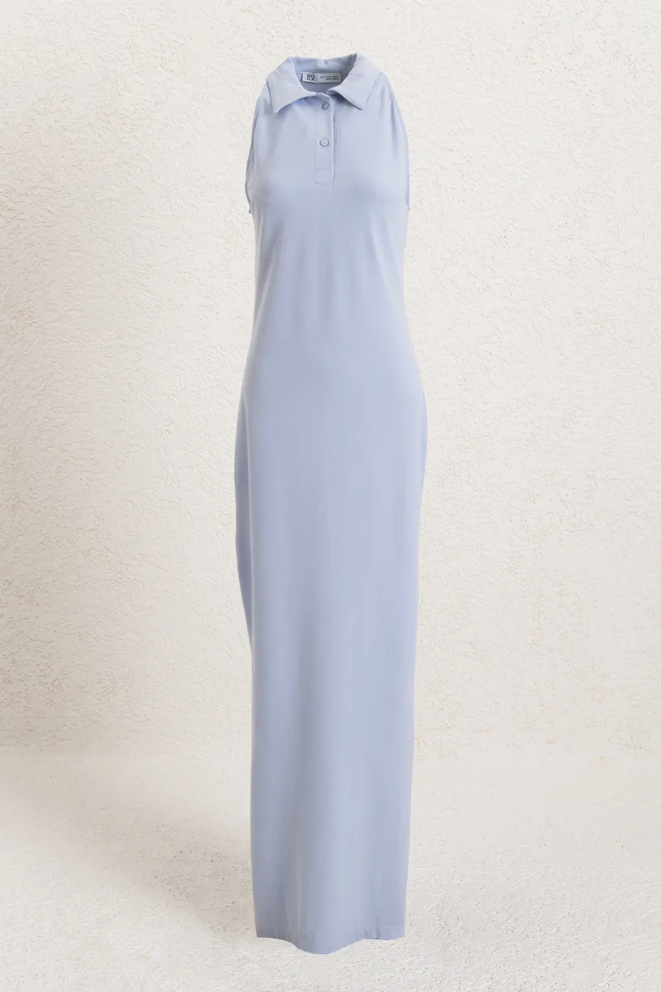 Bayan Mavi Polo Yakalı Maksi Pike Elbise