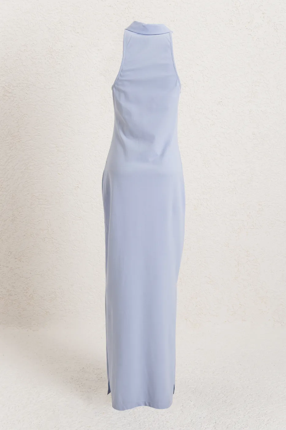 Bayan Mavi Polo Yakalı Maksi Pike Elbise