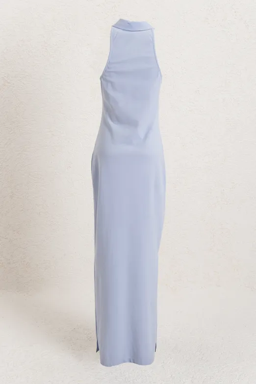 Bayan Mavi Polo Yakalı Maksi Pike Elbise - BSL