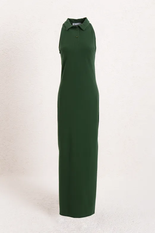 Bayan Yeşil Polo Yakalı Maksi Pike Elbise - BSL