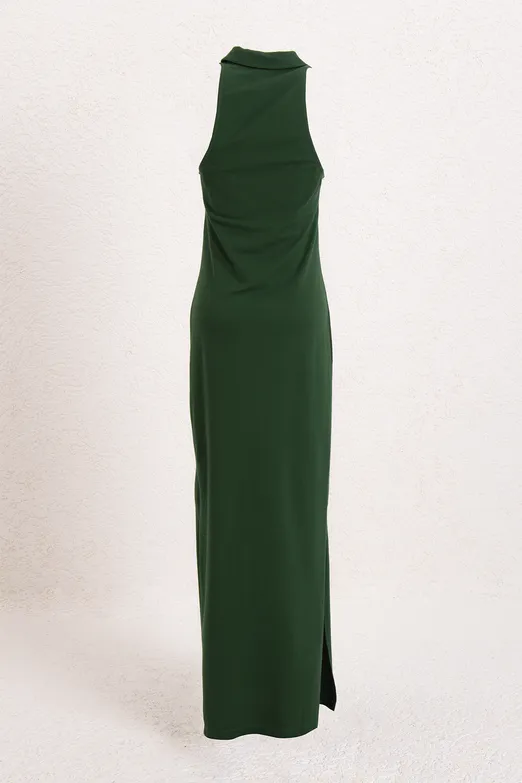 Bayan Yeşil Polo Yakalı Maksi Pike Elbise - BSL