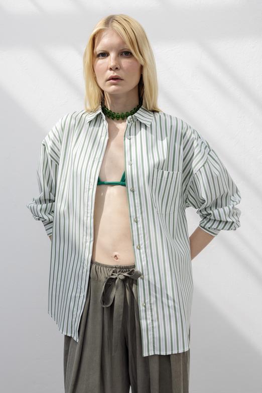 Bayan  Keten Çizgili  Oversize Gömlek