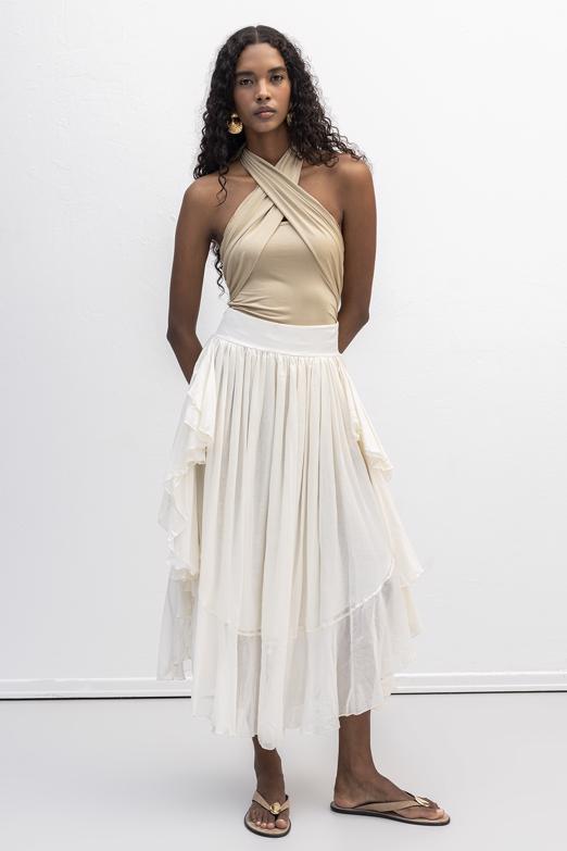 Bayan  Büzgülü Fırfır Detaylı Midi Etek