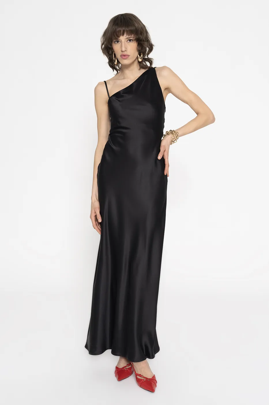 Bayan Siyah Tek Omuz Saten Midi Elbise