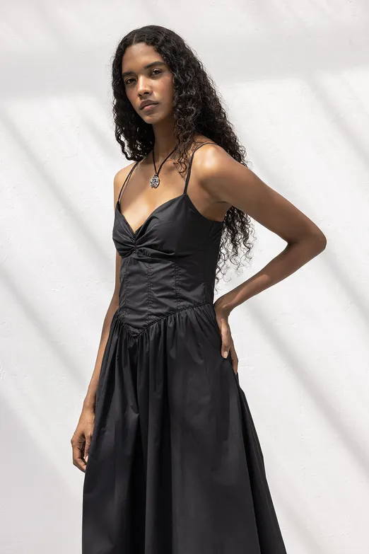 Bayan Siyah Askılı Korsajlı Midi Elbise - BSL