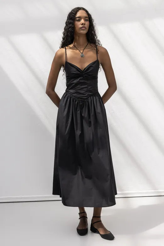 Bayan Siyah Askılı Korsajlı Midi Elbise - BSL