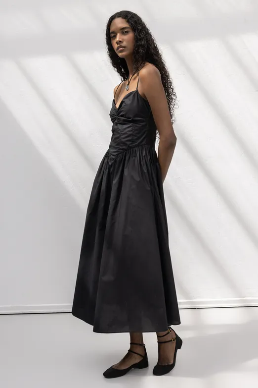 Bayan Siyah Askılı Korsajlı Midi Elbise - BSL