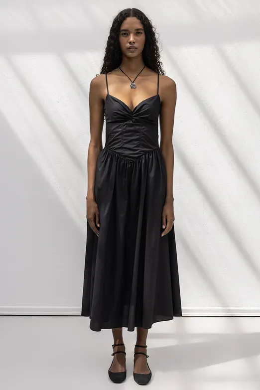 Bayan Siyah Askılı Korsajlı Midi Elbise - BSL