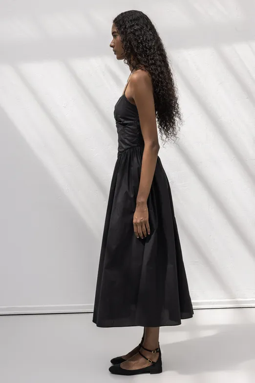 Bayan Siyah Askılı Korsajlı Midi Elbise - BSL