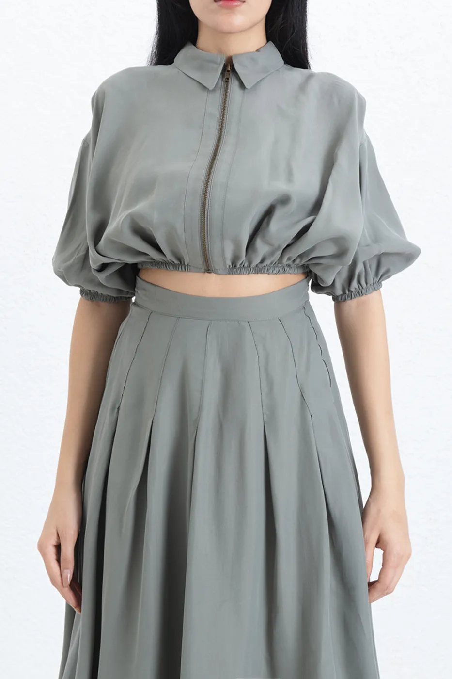 Bayan Haki Crop Balon Bluz