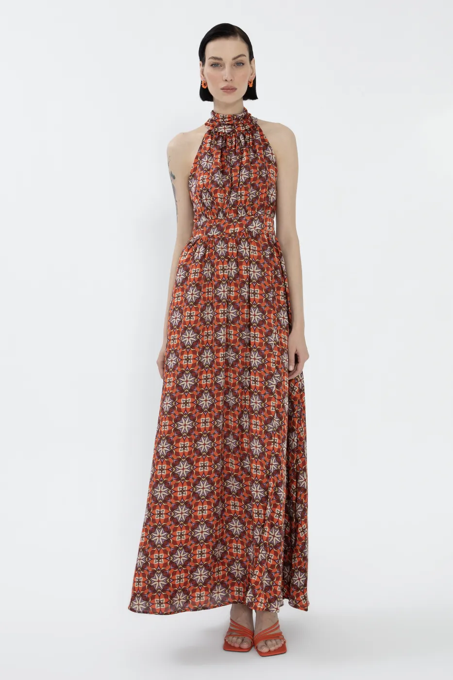 Bayan Kiremit Dik Yaka Kolsuz Saten Maksi Elbise