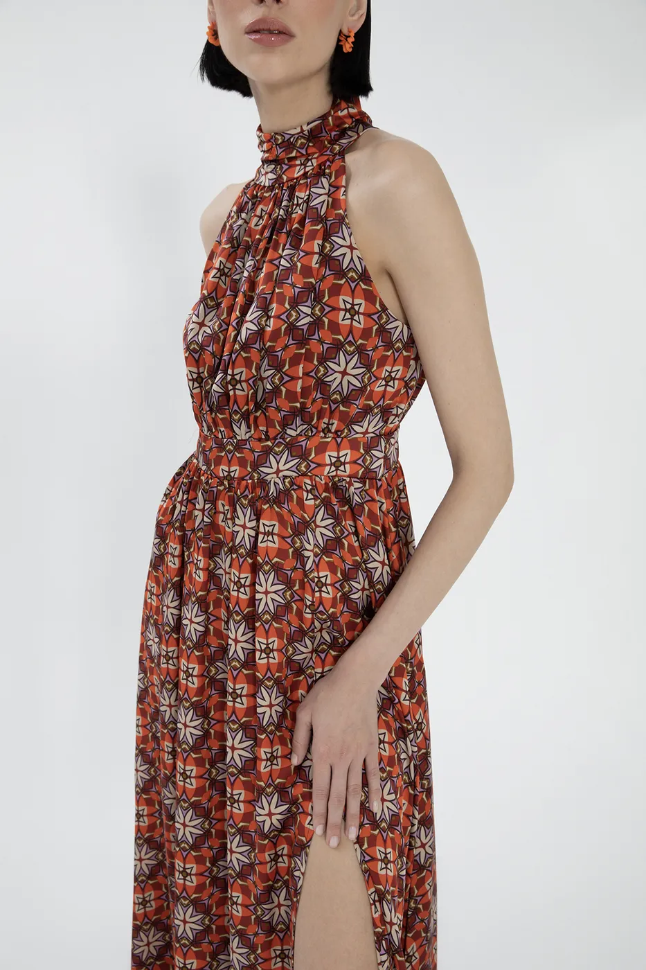 Bayan Kiremit Dik Yaka Kolsuz Saten Maksi Elbise