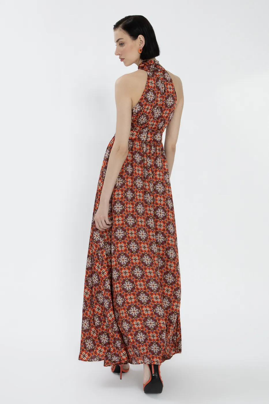 Bayan Kiremit Dik Yaka Kolsuz Saten Maksi Elbise