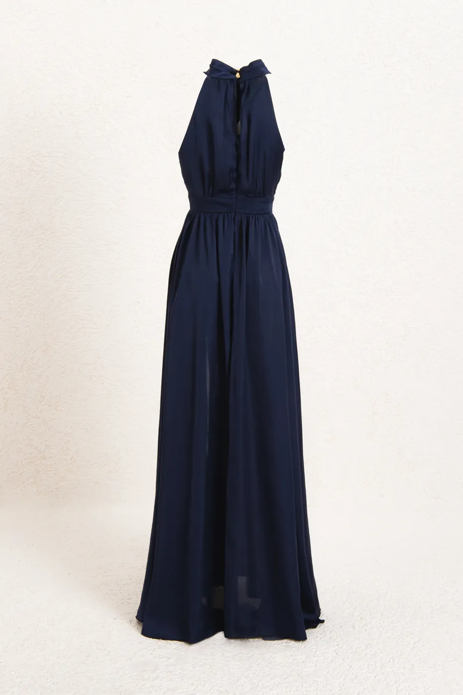 Bayan Lacivert Dik Yaka Kolsuz Saten Maksi Elbise