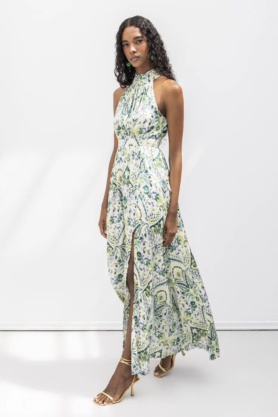 Bayan Yeşil Dik Yaka Kolsuz Saten Maksi Elbise