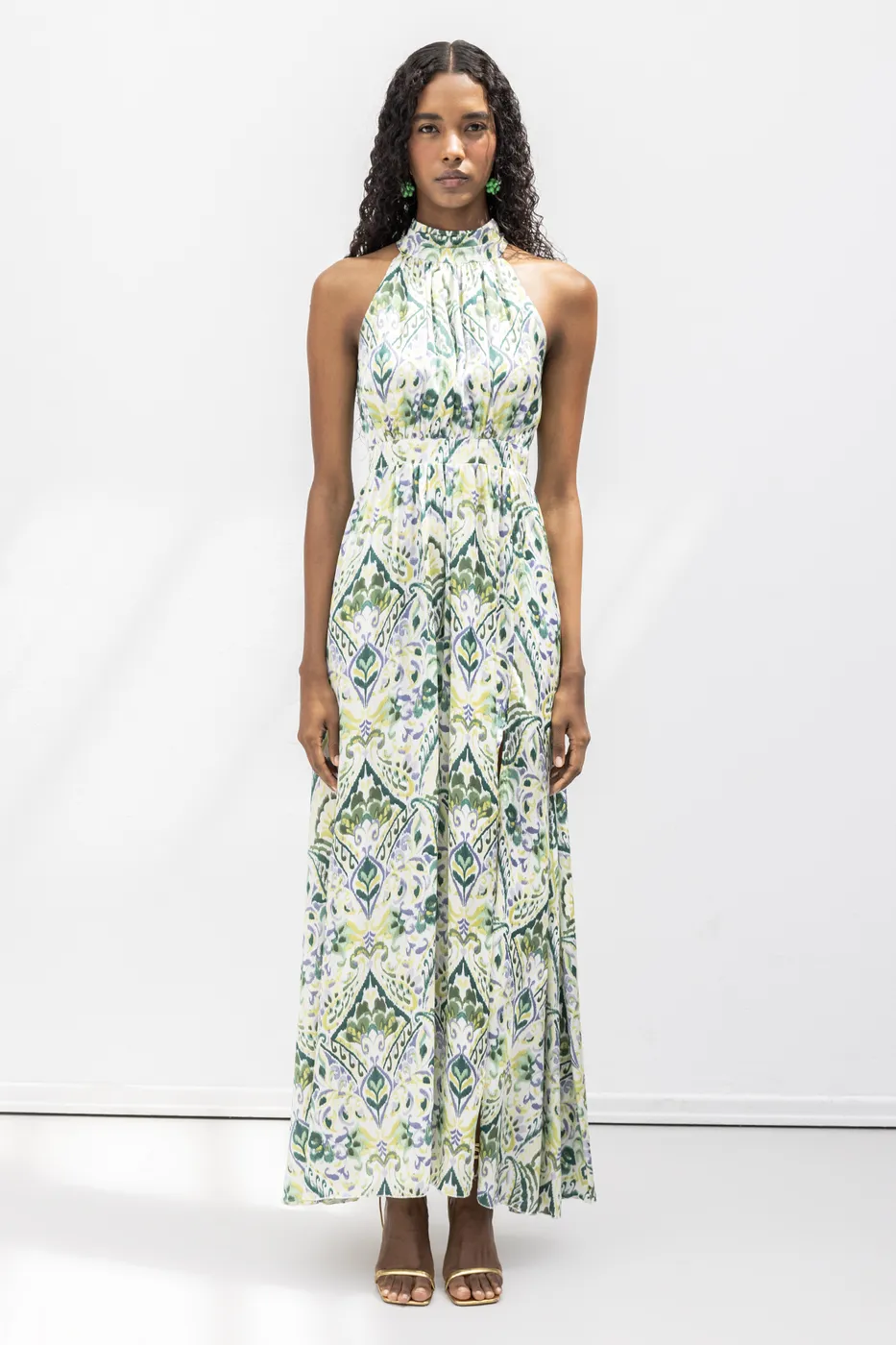 Bayan Yeşil Dik Yaka Kolsuz Saten Maksi Elbise