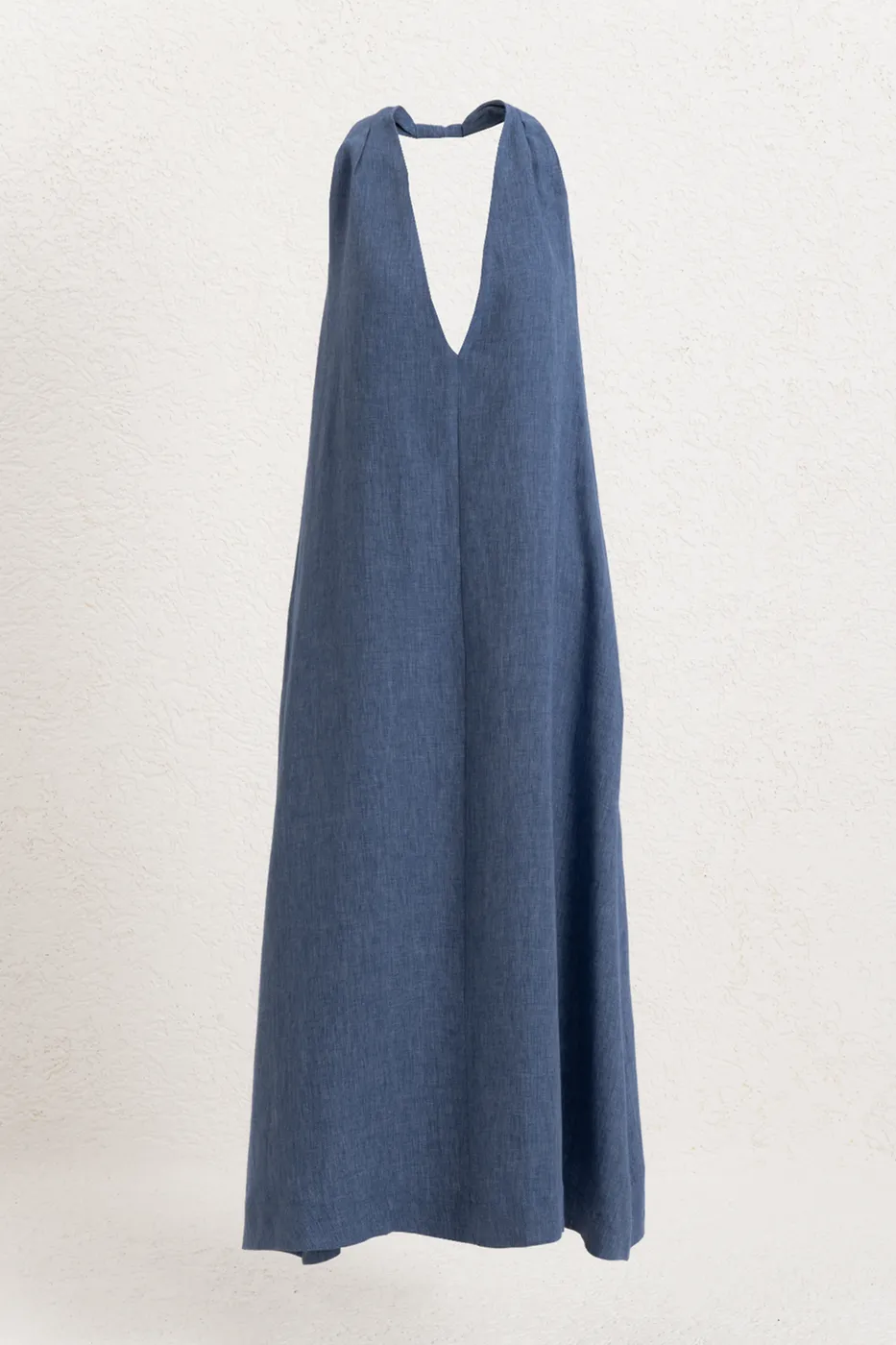 Bayan Mavi Oversize  Keten Karışım Midi Elbise