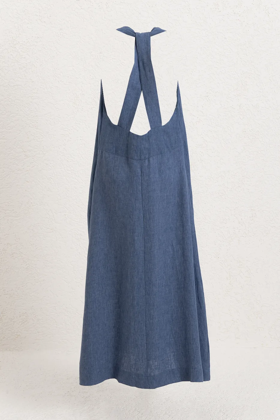 Bayan Mavi Oversize  Keten Karışım Midi Elbise