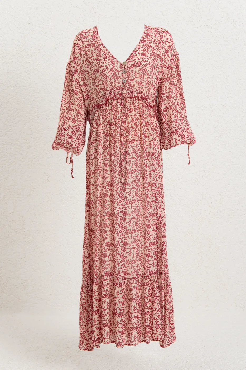 Bayan Bordo Fırfırlı Oversize Midi Elbise