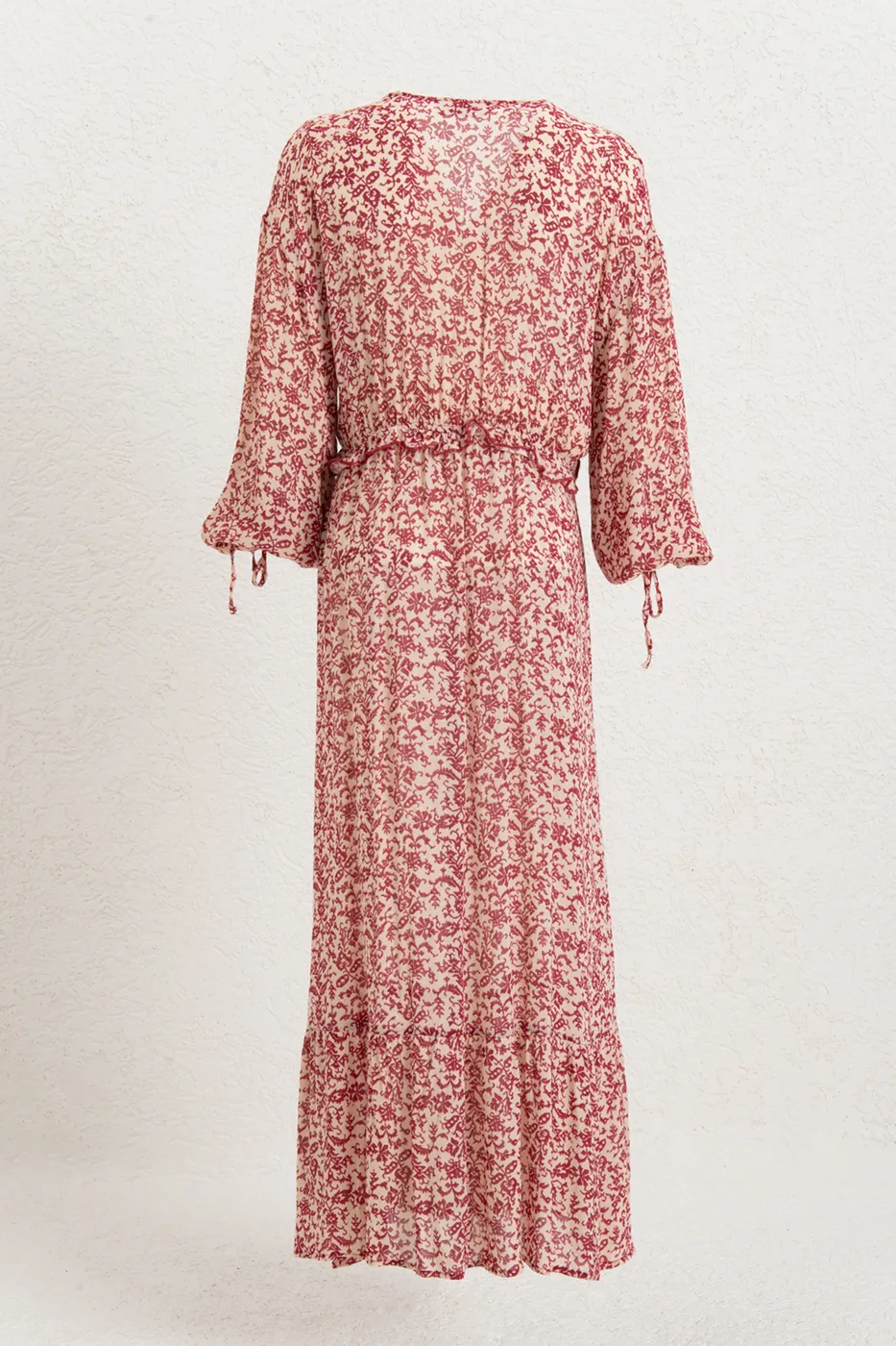 Bayan Bordo Fırfırlı Oversize Midi Elbise