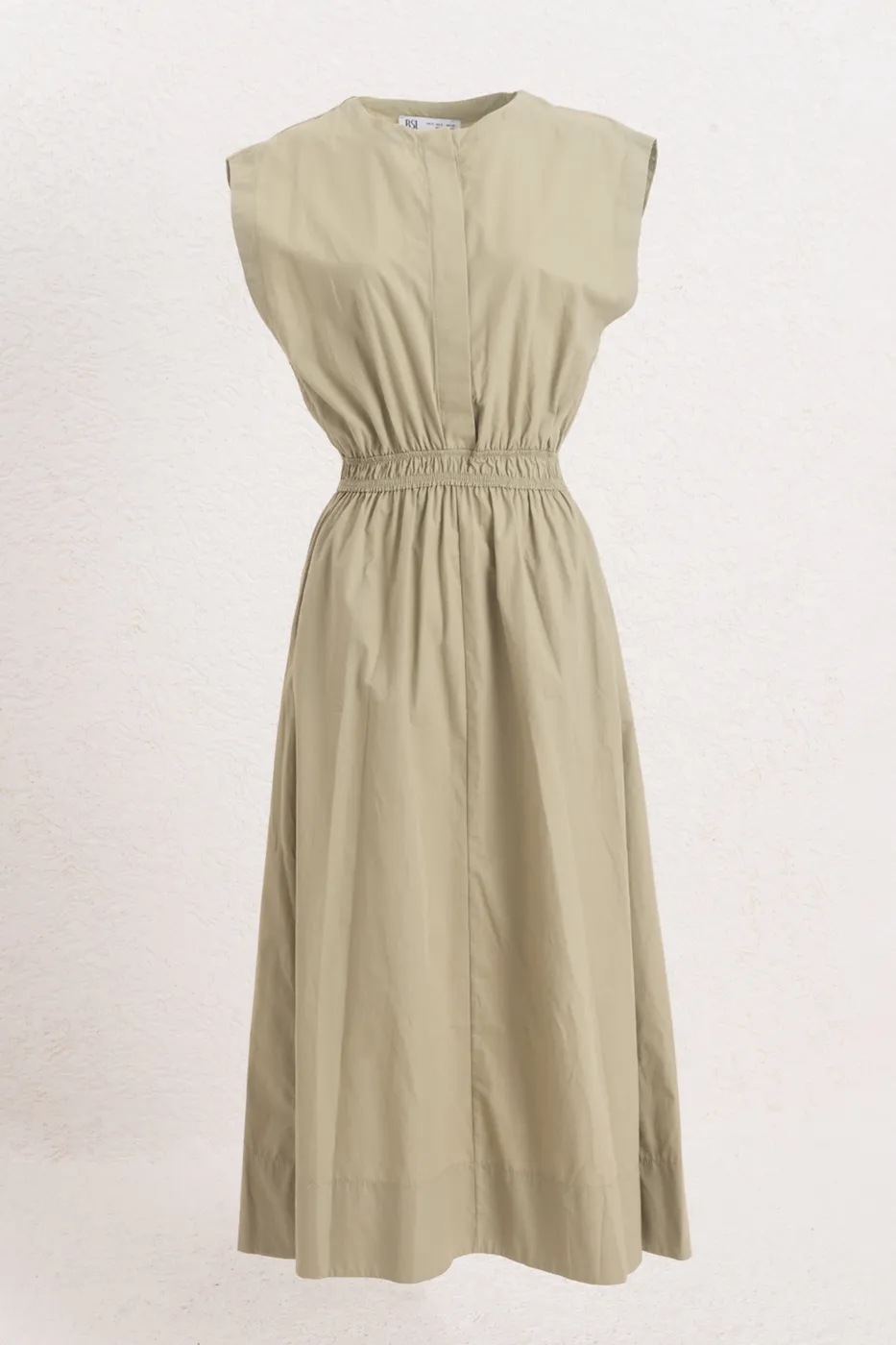 Bayan Yeşil Elastik Bel Bantlı Poplin Midi Elbise