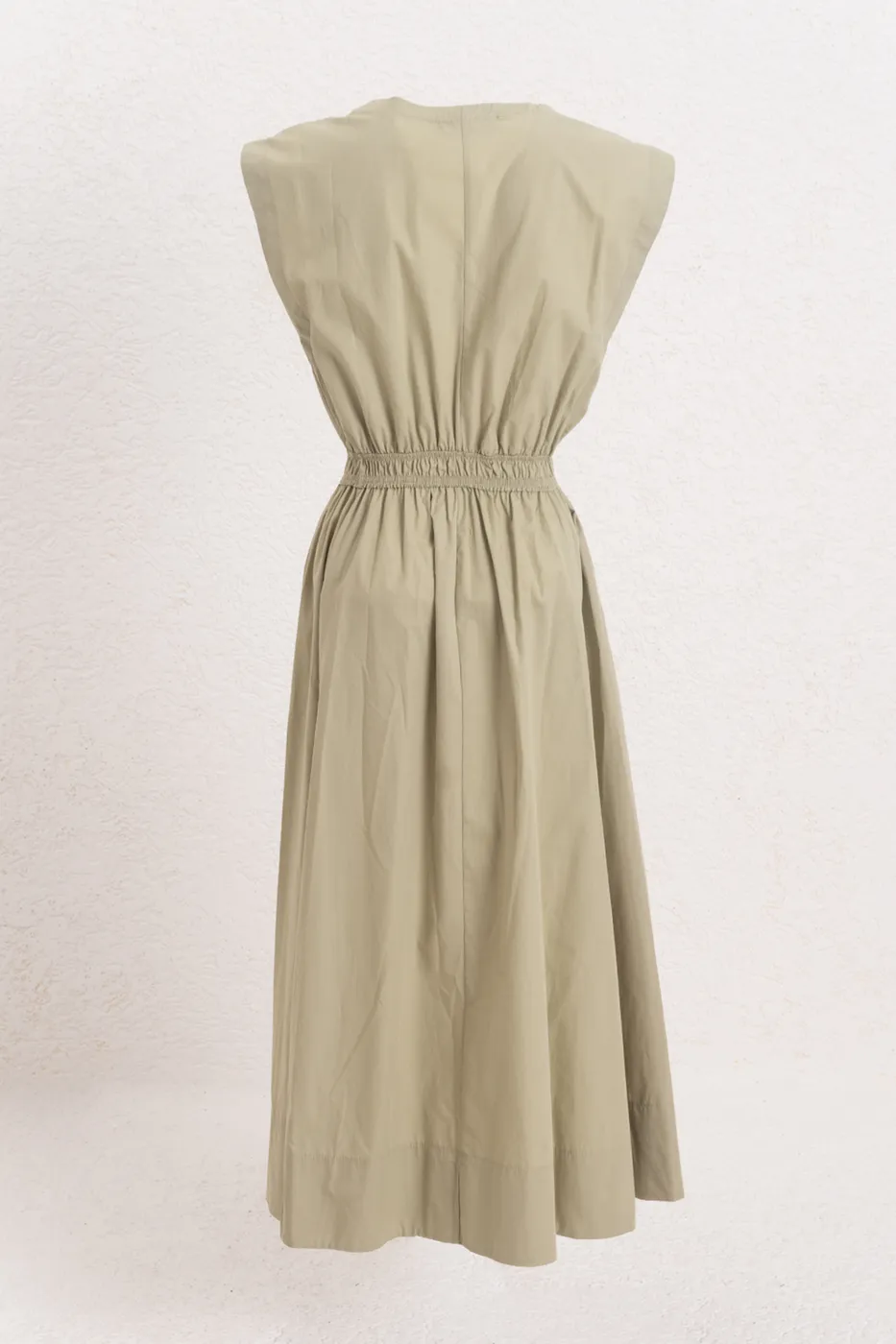 Bayan Yeşil Elastik Bel Bantlı Poplin Midi Elbise