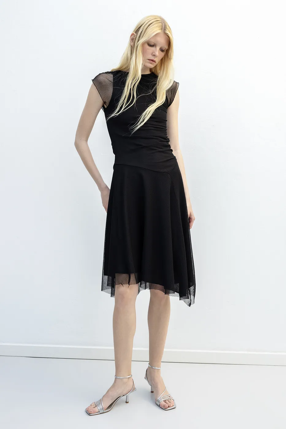 Bayan Siyah Büzgülü Tül Elbise