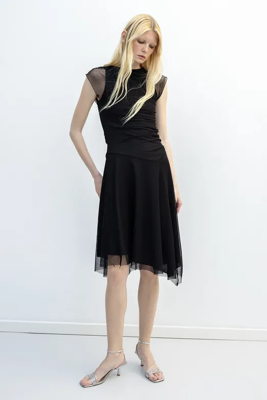 Bayan Siyah Büzgülü Tül Elbise - BSL