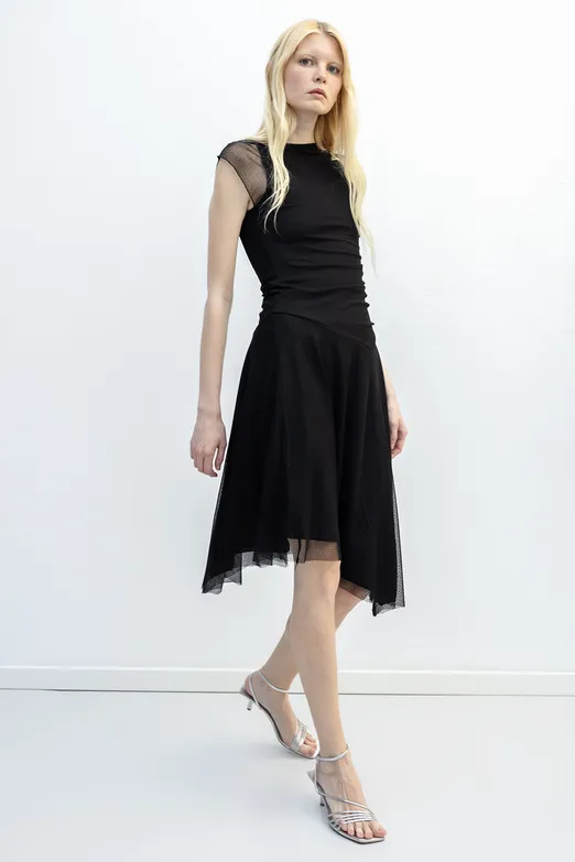 Bayan Siyah Büzgülü Tül Elbise - BSL