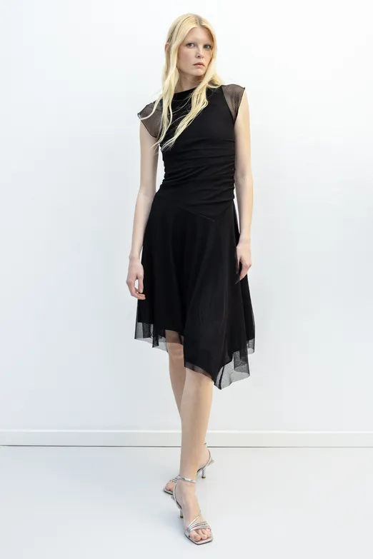 Bayan Siyah Büzgülü Tül Elbise - BSL