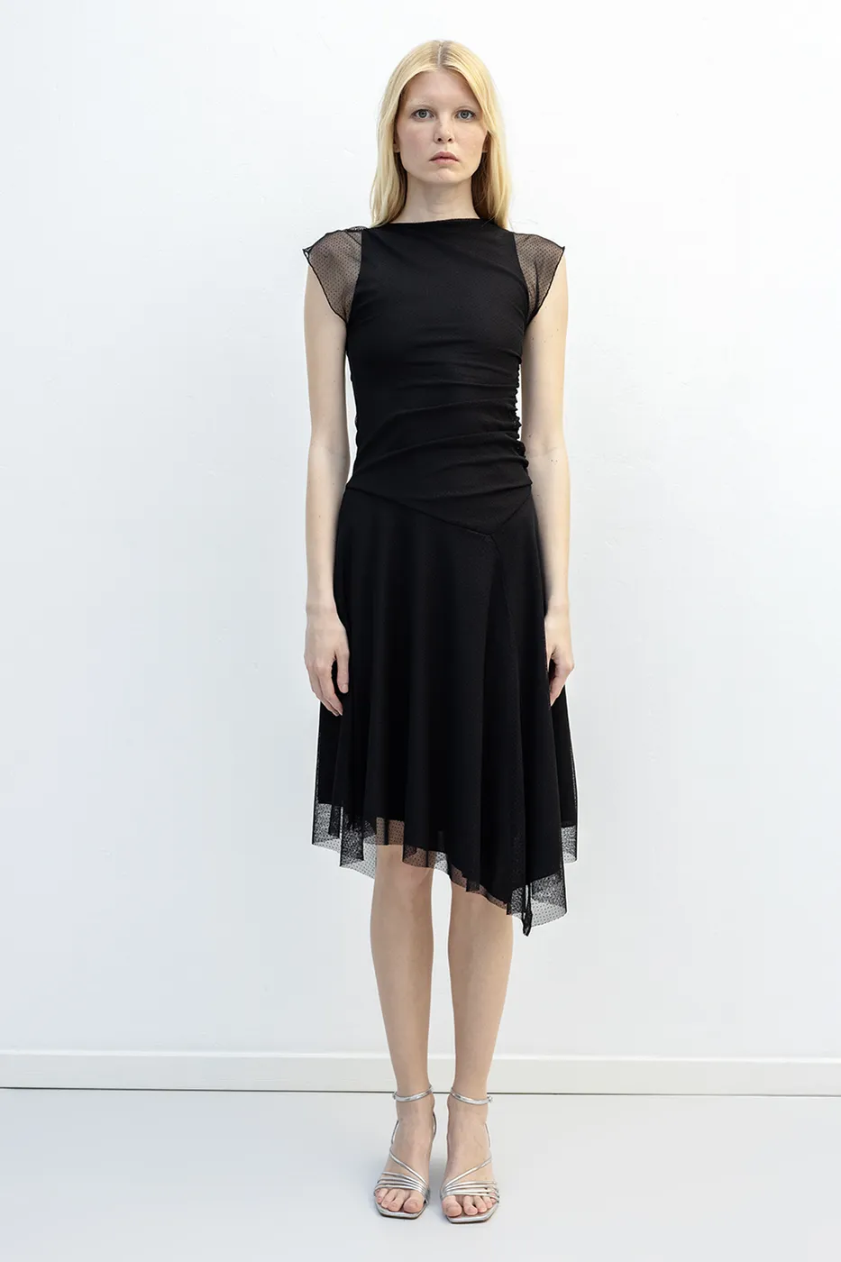 Bayan Siyah Büzgülü Tül Elbise