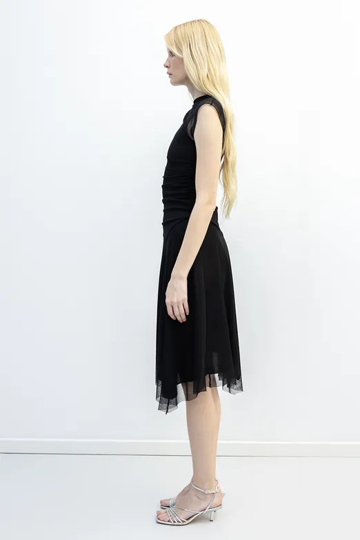 Bayan Siyah Büzgülü Tül Elbise - BSL