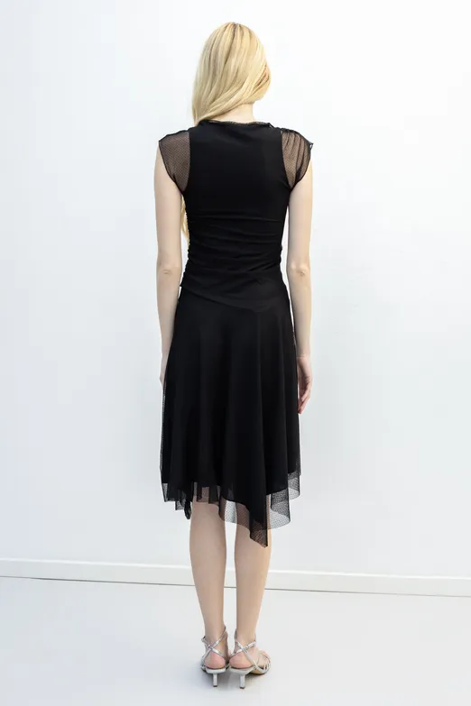 Bayan Siyah Büzgülü Tül Elbise - BSL