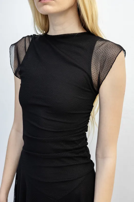 Bayan Siyah Büzgülü Tül Elbise - BSL