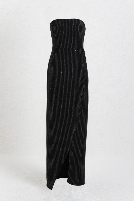 Bayan Siyah Straplez Maksi Elbise - BSL