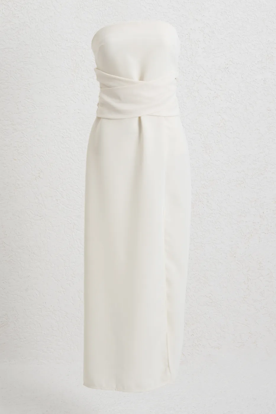 Bayan Ekru Straplez Midi Elbise