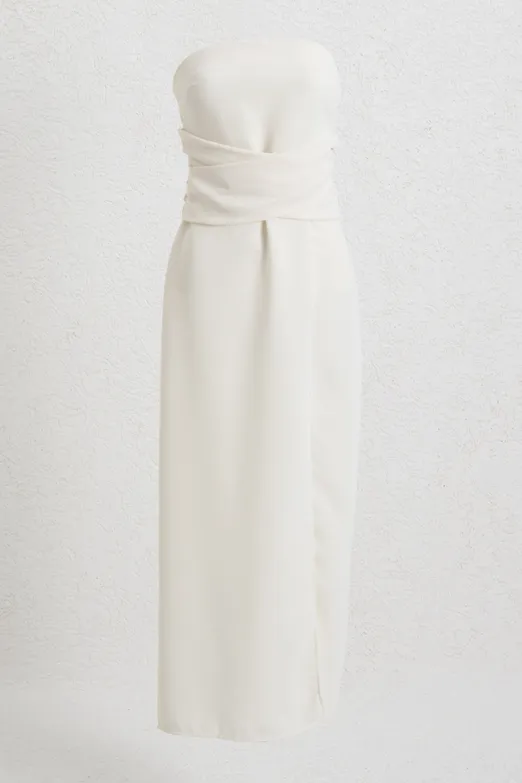 Bayan Ekru Straplez Midi Elbise - BSL