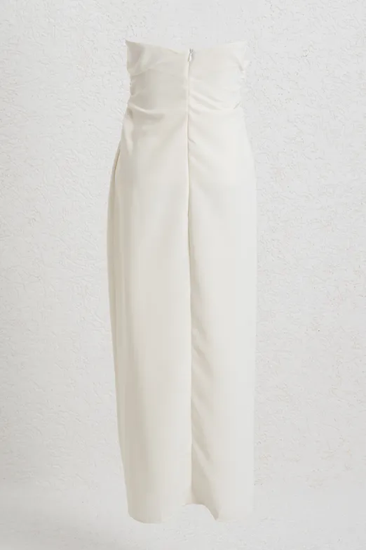 Bayan Ekru Straplez Midi Elbise - BSL