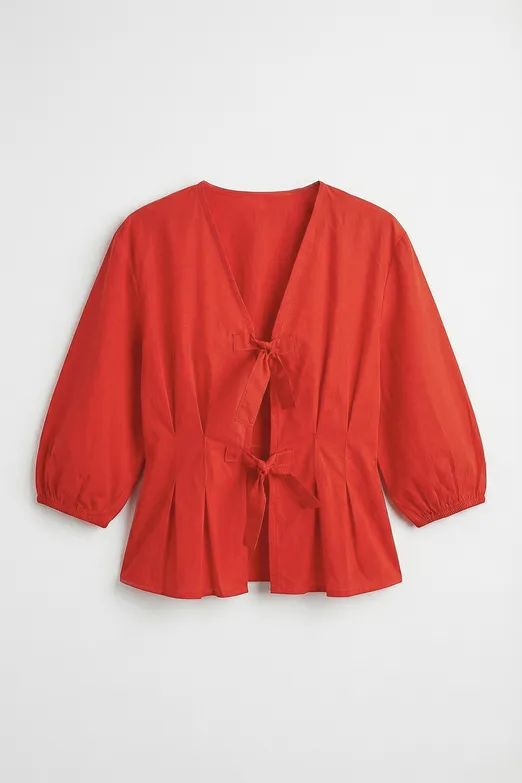Bayan Kırmızı Bağlama Detaylı Poplin Bluz - BSL