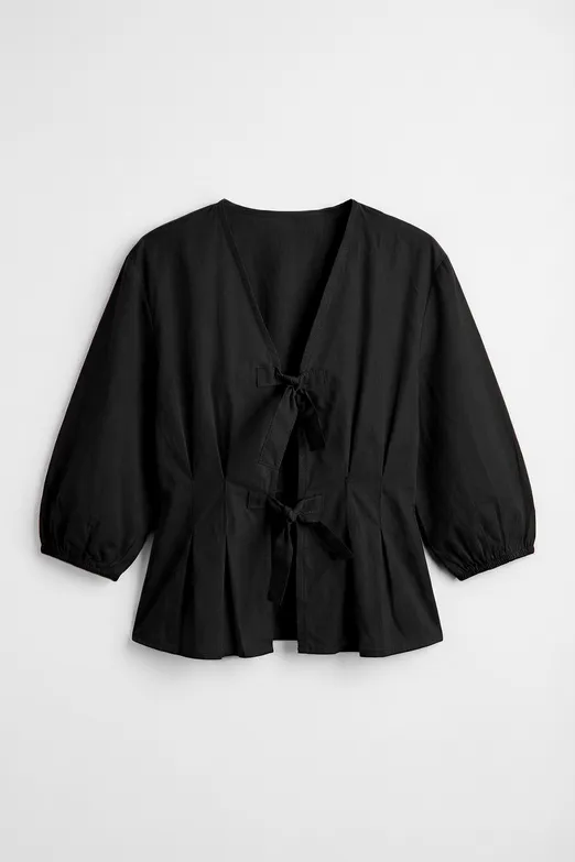 Bayan Siyah Bağlama Detaylı Poplin Bluz - BSL