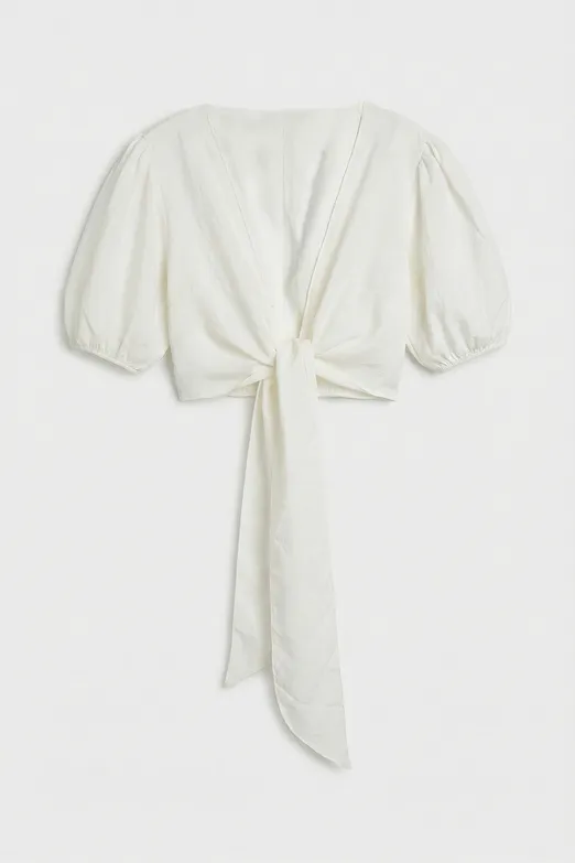 Bayan Beyaz Modal  Bağlama Detaylı Crop Bluz - BSL