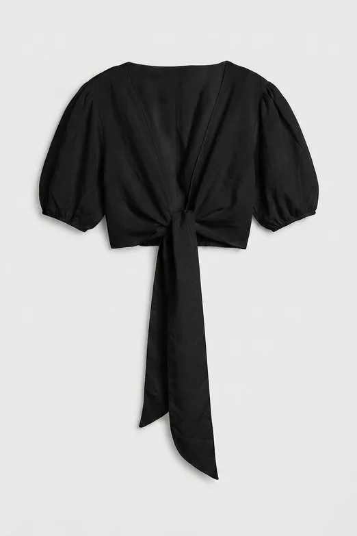 Bayan Siyah Modal  Bağlama Detaylı Crop Bluz - BSL