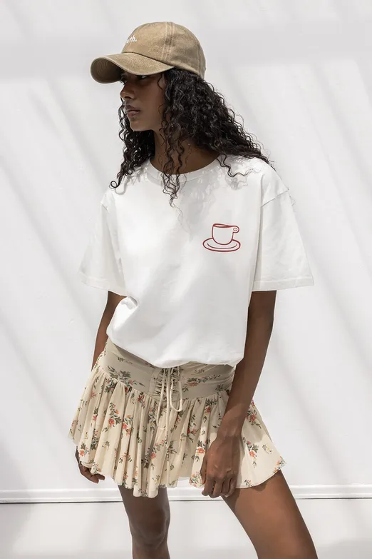 Bayan Ekru Oversize Baskılı Tshirt - BSL