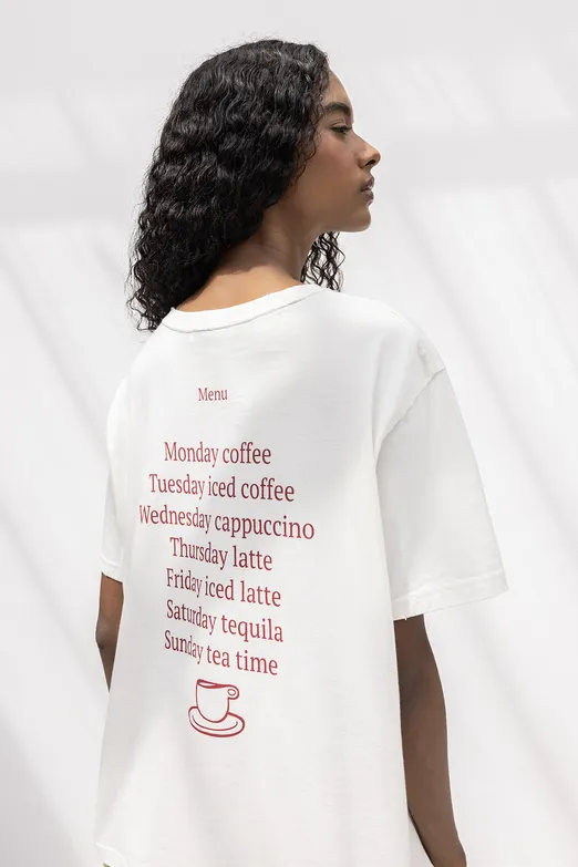 Bayan Ekru Oversize Baskılı Tshirt - BSL