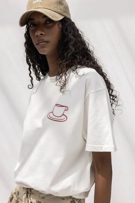 Bayan Ekru Oversize Baskılı Tshirt - BSL