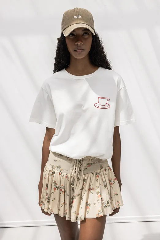 Bayan Ekru Oversize Baskılı Tshirt - BSL