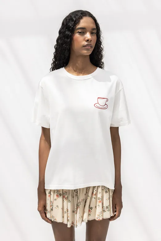 Bayan Ekru Oversize Baskılı Tshirt - BSL